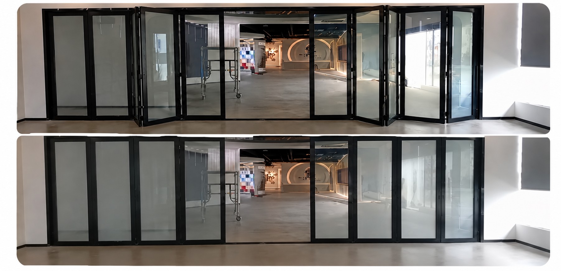 Smart film on a folding door - clear top row, frosted bottom row