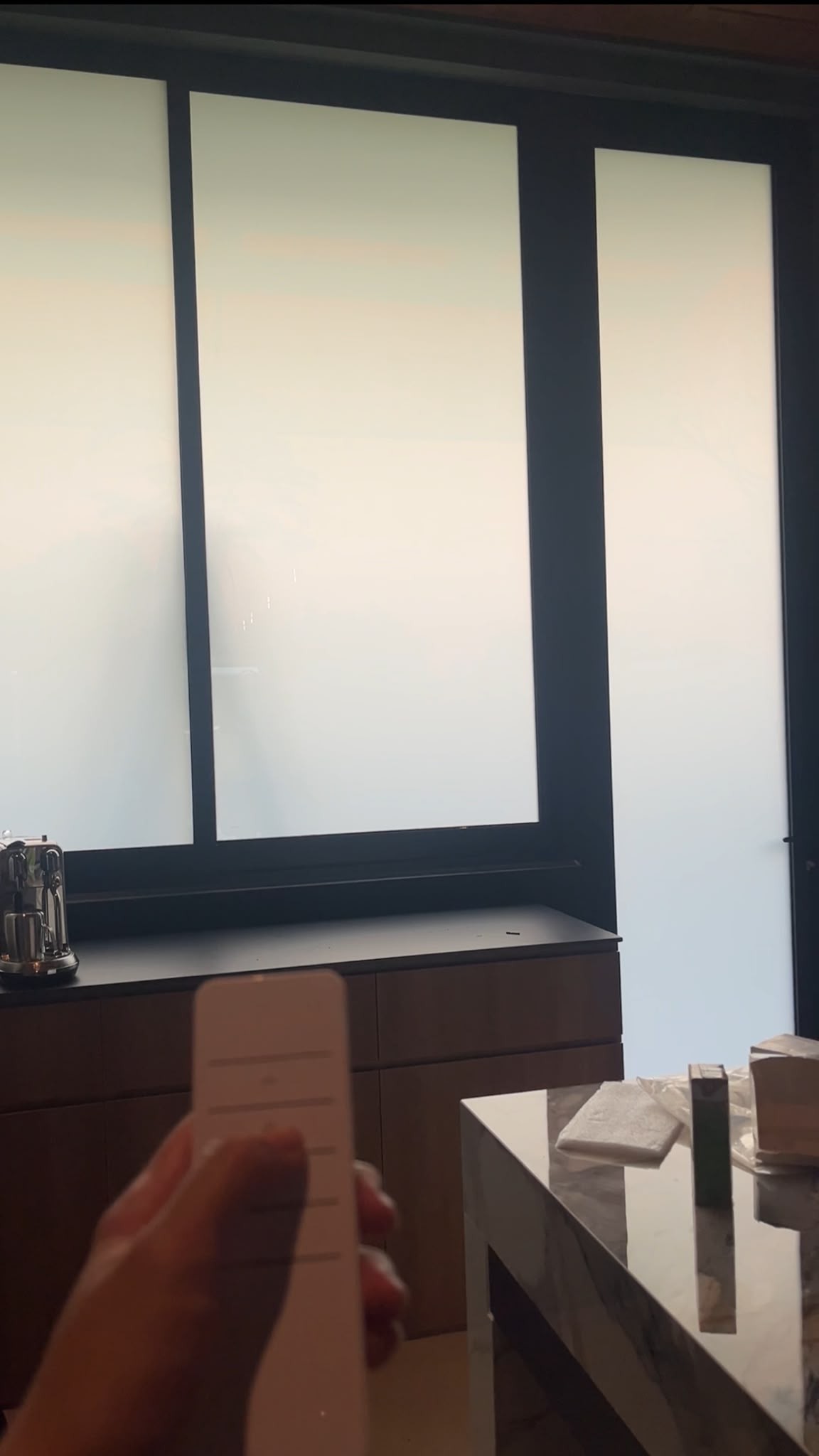 Finished smart film installation, frosted and remote-controlled