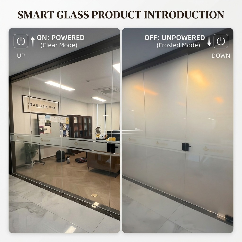 Smart glass ON powered clear mode vs OFF unpowered frosted mode diagram